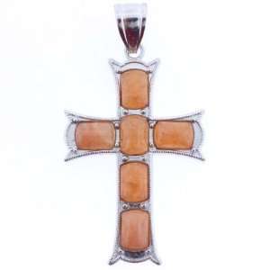 Pendants   Red Aventurine Rectangle Inlay Cross Silver Plated Metal 