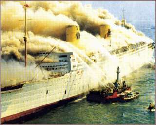 Photo RMS Queen Elizabeth Aflame In Hong Kong Harbor  