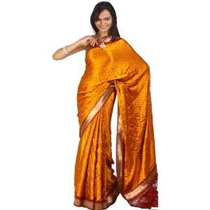   Bandhani Printed Sari with Gota Border and Net Anchal   Satin Silk