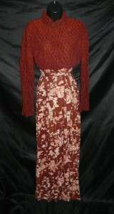 Vintage 60s Brown Winter Maxi Dress High Waist Floral Skirt Turtleneck 