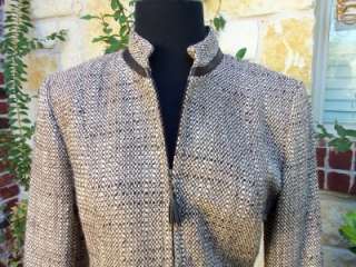 Albert Nipon Brown Tweed Jacket W/Faux Leather Trim Size 4 Very Nice 