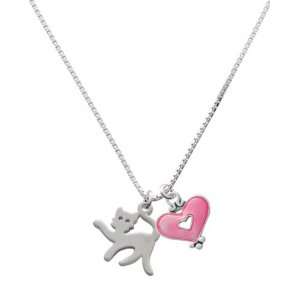  Silver Arching Back Cat and Trasnlucent Pink Heart Charm 