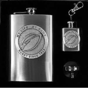  Rugby Football Pewter Emblem 3 Piece Flasks and Funnel Set 