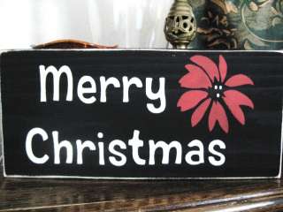 Primitive Merry Christmas Sign Red Poinsettia Wood NEW  