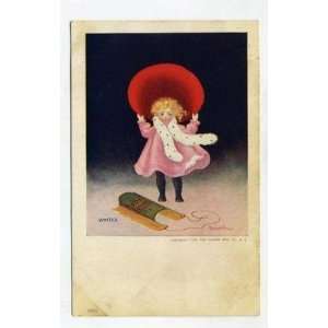  Ullman Winter Postcard Girl in Red Hat with Wooden Sled 