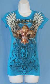   Womens T Shirt Blue Rhinestones Fleur De Lis Wings Unicorns Royalty