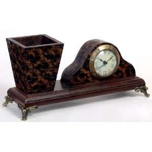  Small Desk Clock With Pen Holder in Brown Finish
