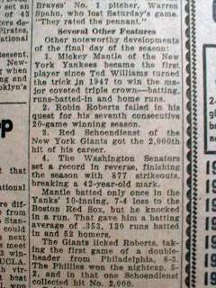 1956 newspaper NY Yankee MICKEY MANTLE win TRIPLE CROWN  