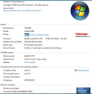Toshiba Satellite A665 S5170 Laptop Intel Core i3 380M 2.53ghz/3M 