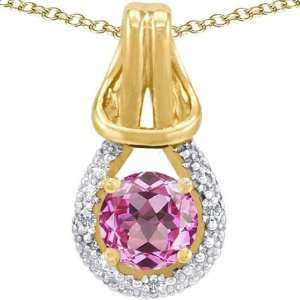   Gold Lab Created Round Pink Topaz and Diamond Pendant(Me Jewelry