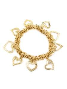 Bright Gold Open Hearts and Clear Crystal Charm Stretch Chain Bracelet 