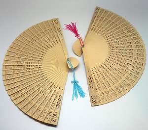NATURAL Carved BAMBOO Hand FAN Blue & Pink Tassel  