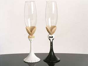 BLACK TIE TOASTING GLASSES BRIDE AND GROOM WEDDING CHAMPAGNE GLASSES 
