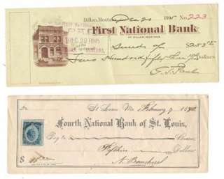 Two Antique Bank Checks Dillon Montana & St. Louis Missouri 1895 1880 