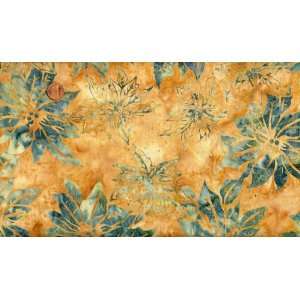 Hoffman Bali Batik Blue Poinsettias on Gold Christmas Cotton Fabric 
