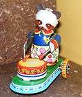 Vtg Bear Playing Drum Wind Up Tin Litho Rolling Toy