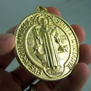 Gold Plated Saint St Benedict Pendant Cross Medal LARGE  