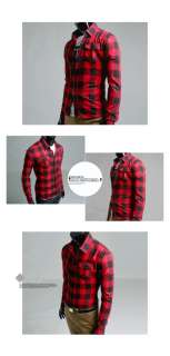 Guys_New Casual Slim Fit Checked Western Plaid Shirts BLACK RED SIZE 