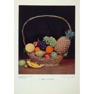 1934 Fruit Basket Grapes Pineapple Banana Apple Pear   Original Print