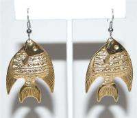 Vintage Stamped Gold Tone Metal Fish Earrings  