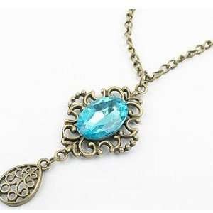 Boho vintage antique style bronze art deco blue crystal long necklace 
