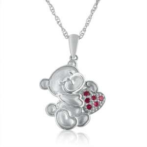 Pink Sapphire Teddy Bear Necklace in Sterling Silver  