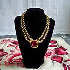 Vintage Swarovski Goldtone Large Red Crystal Pendant Necklace   Free 