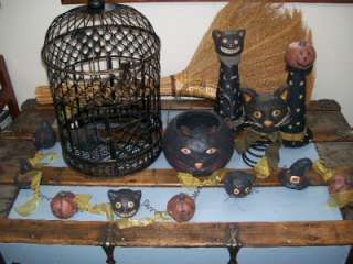 Black Cat Pumpkin Head & Witch Hat Paper Mache Coiled Wire Halloween 