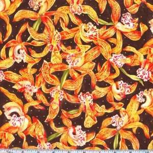  45 Wide Wild Orchids Garden Brown Fabric By The Yard 