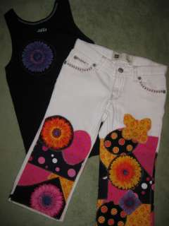 Size 5 Custom Made Flowers & Butterflies Tank & Capri Jeans Appliqued 