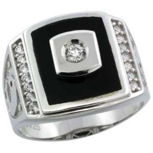 Sterling Silver Mens Black Onyx Ring w/ CZ Stones & Dolphins on Sides 