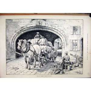  1889 Belgian Street Scene Cart Horse Woman Basket Print 
