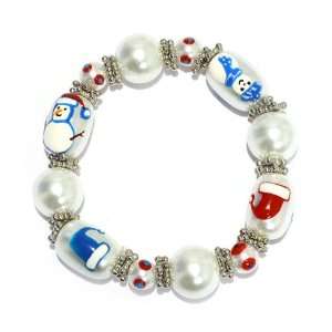   White Pearls With Hand Painted Snowmen And Hats; Stretches To Fit Most