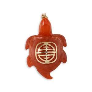 Solid 14k Gold Long Life Turtle Charm Red Agate Pendant Jewelry