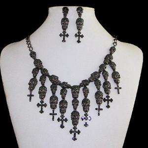 Skull Cross Necklace Earring Black Swarovski Crystal  