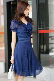 Fashion Womens Lady Short Sleeve V Neck Chiffon Casual Dress BLUE 