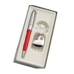   Key Ring with Red LED Light with Chrome Red Ballpoint Pen in Gift Box