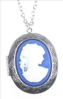 Vintage Styl Cameo Locket Blue Silver Pendant Necklace  