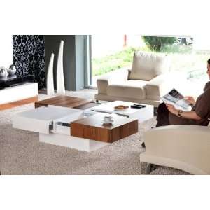 Coffee Table with 4 Sliding Storage Drawers White & Natural Walnut 