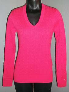   Women Sweater Top V Neck Cable Knit Dark Pink Logo on cuff New  