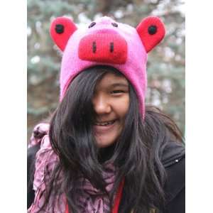   Pink Pig 100% Wool Pilot Ski Winter Hat / Cap With Fleece Lined Nepal
