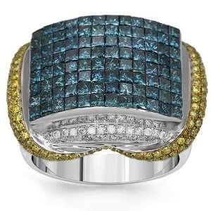   Mens Multi Colored Diamond Ring with Blue and Yellow Diamonds 5.15 Ctw
