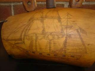   Scrimshaw Powder Horn steer Flask Canteen American Flag Ship folk art