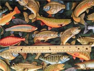 New Fish Fabric BTY Speckled Trout Bass Crappie Salmon Green  