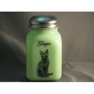  Green Milk Glass Ginger Spice Shaker with Caz the Cat Logo 