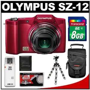  Olympus SZ 12 3D Digital Camera (Red) with 8GB Card + Case 