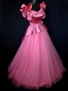 VTG 60s Pink Satin & Tulle Peplum Ball Gown Party Dress XS  