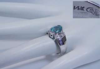 Designer SNB 14K Gold Blue Zircon Diamond Millgrained Ring Estate 