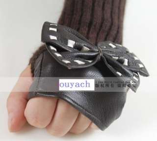 Cute big bow style woolen&leather fingerless gloves  