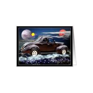Classic car Driving on clouds by the planets Card
